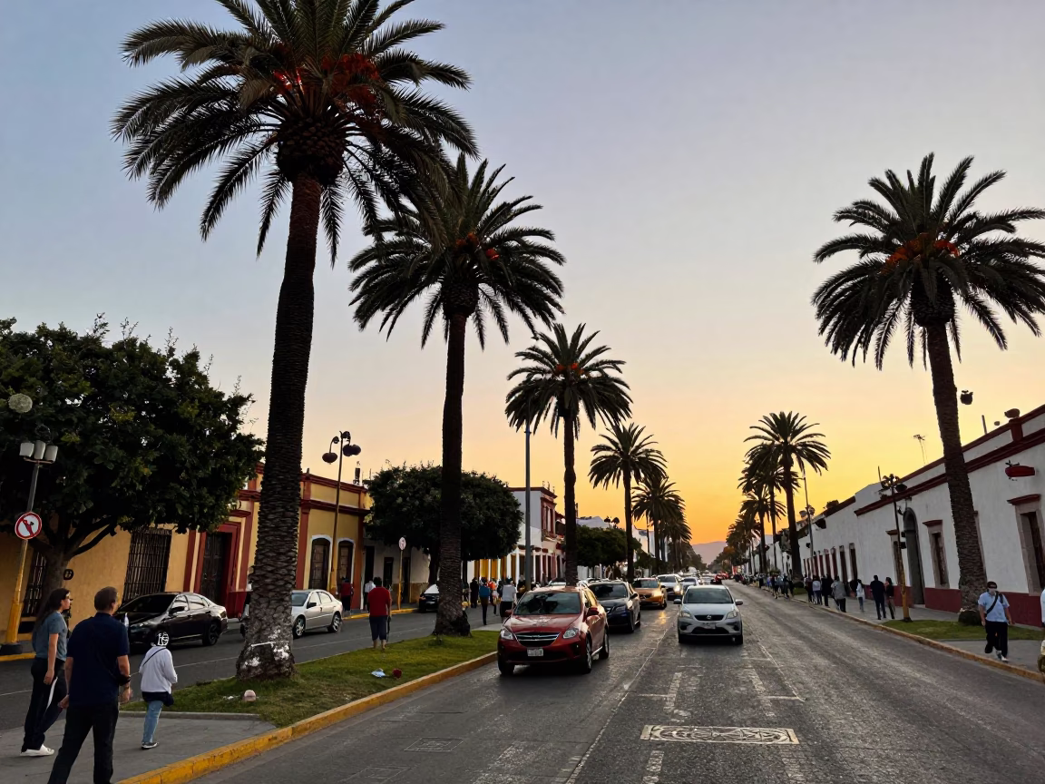 Busy Guadalajara Mexico Street Scene at Sunset with Palm Trees and Local Market Activity in in Guadalajara, Mexico