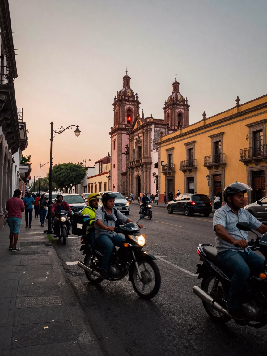 Busy Guadalajara Mexico Street Scene Before Dawn with Motorcycle and Railway Signal Cabin in in Guadalajara, Mexico