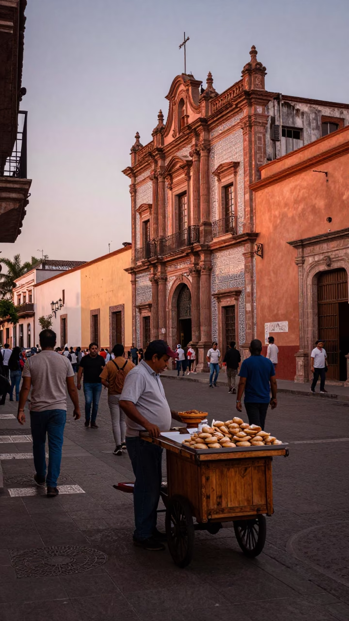 Busy Guadalajara Mexico Street Scene Before Dusk with Palmier Pastries and Hydrangeas in in Guadalajara, Mexico