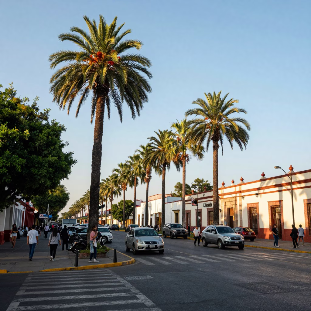 Busy Guadalajara Mexico Street Scene Early Afternoon Palm Trees and Urban Activity in in Guadalajara, Mexico