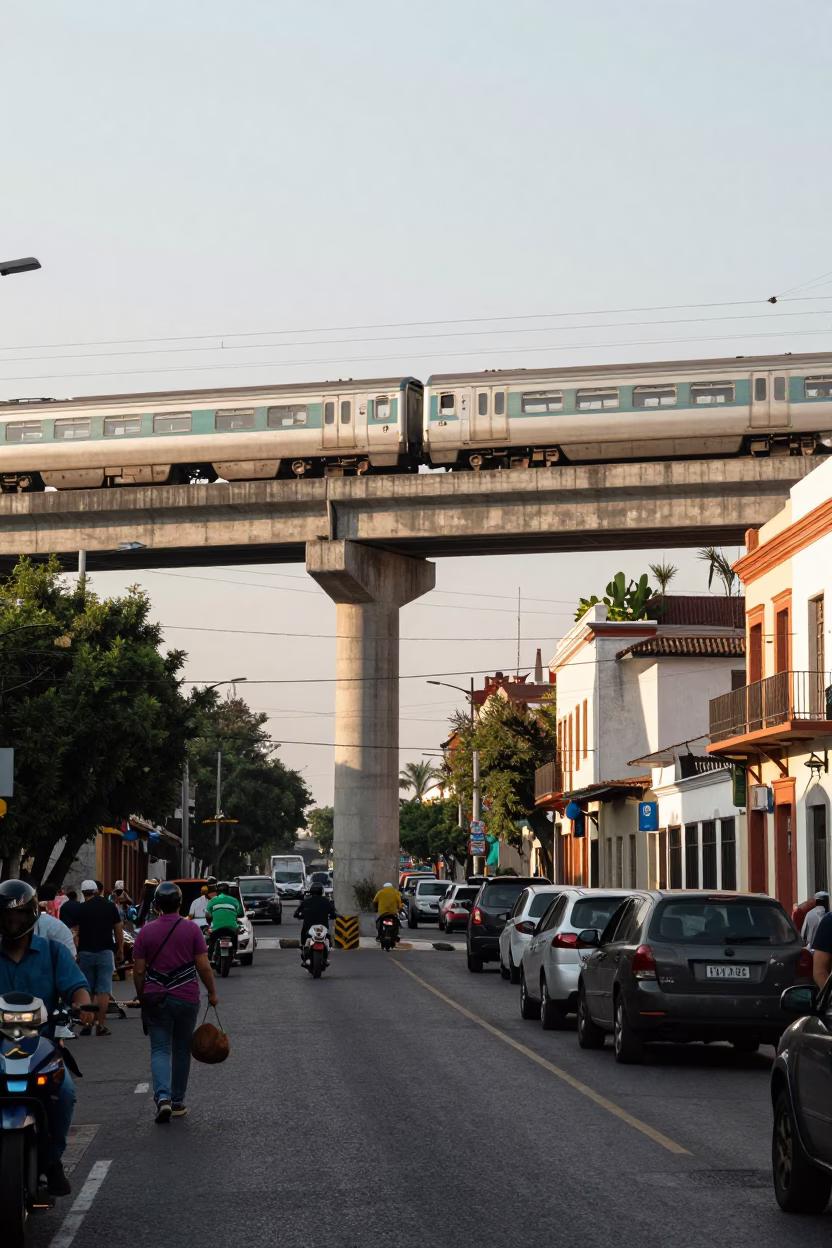 Busy Guadalajara Mexico Street Scene Early Afternoon with Railway Viaduct and Pink Magnolia Bloom in in Guadalajara, Mexico