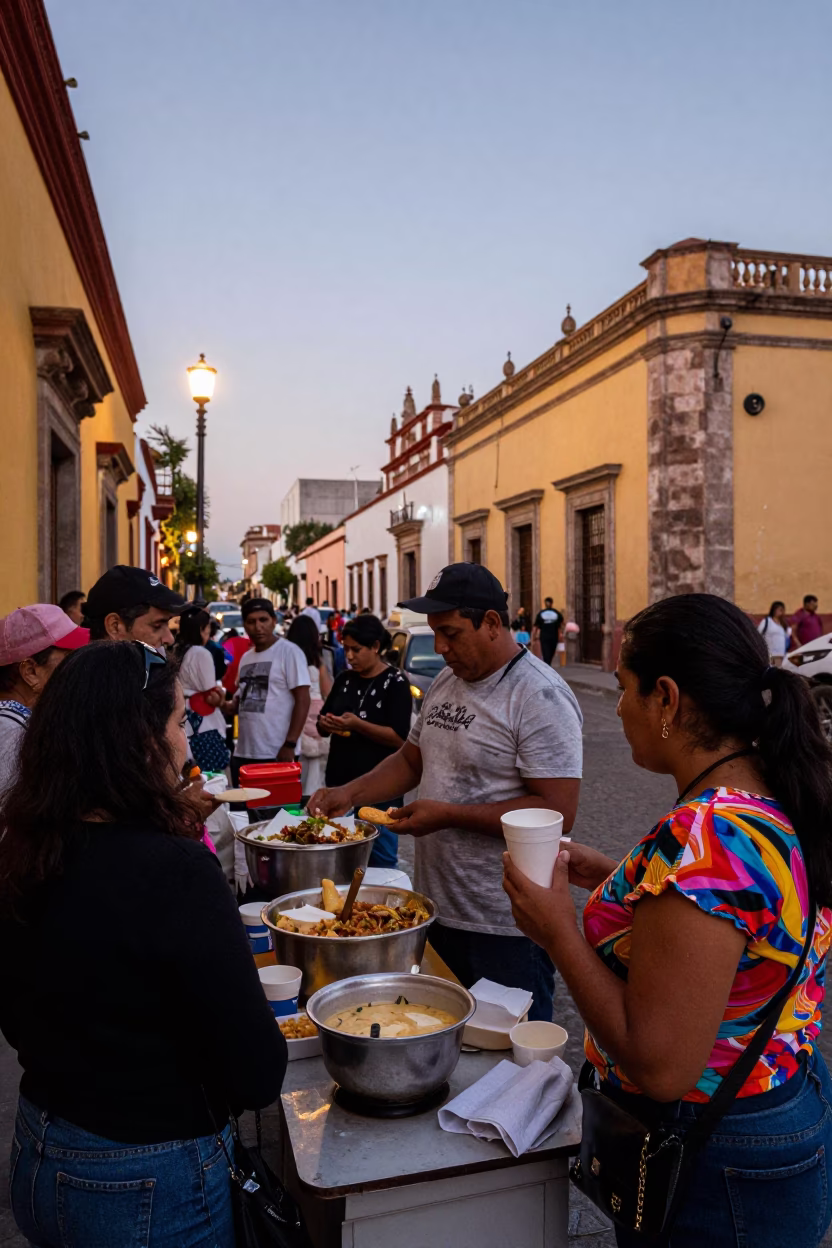 Busy Guadalajara Mexico Street Scene Early Evening with Local Vendor and Pedestrians in in Guadalajara, Mexico