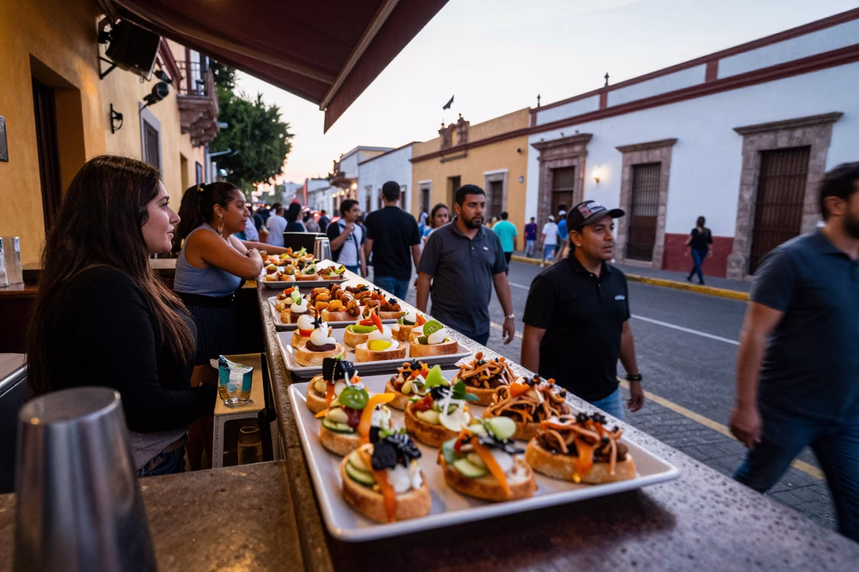 Busy Guadalajara Mexico Street Scene Early Evening with Pintxos and Local Life in in Guadalajara, Mexico