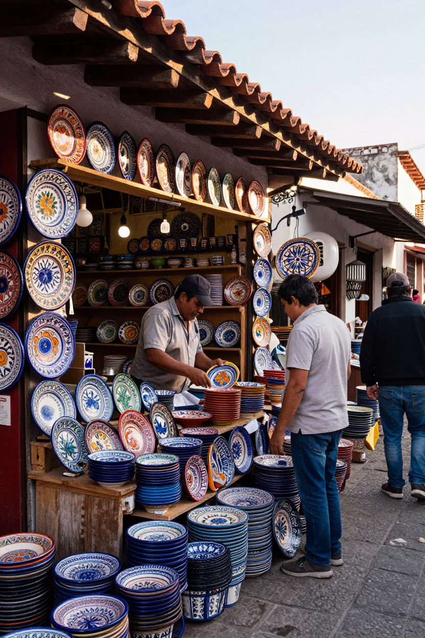 Busy Guadalajara Mexico Street Scene Just After Sunrise with Majolica Plates in in Guadalajara, Mexico