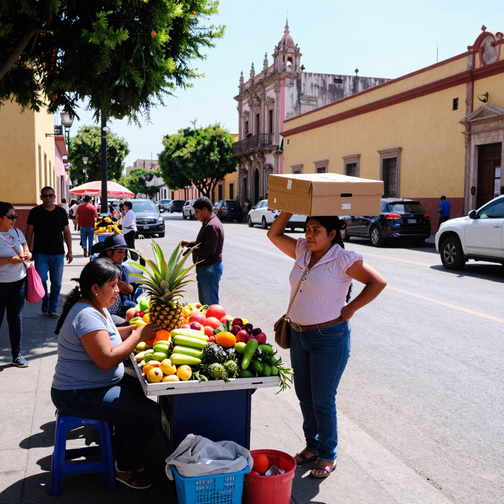 Busy Guadalajara Mexico Street Scene Midmorning Light with Shoebox and Local Interaction in in Guadalajara, Mexico