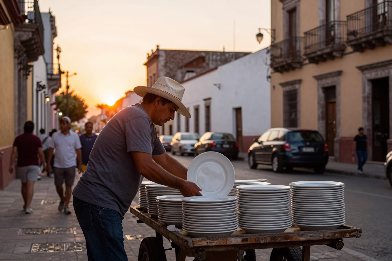 Busy Guadalajara Mexico Sunset Street Scene with Ceramic Plate and Sun Hat in in Guadalajara, Mexico