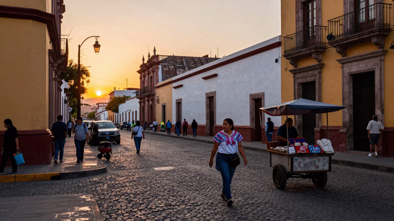 Busy Guadalajara Mexico Sunset Street Scene with Local Life and Vintage Atmosphere in in Guadalajara, Mexico