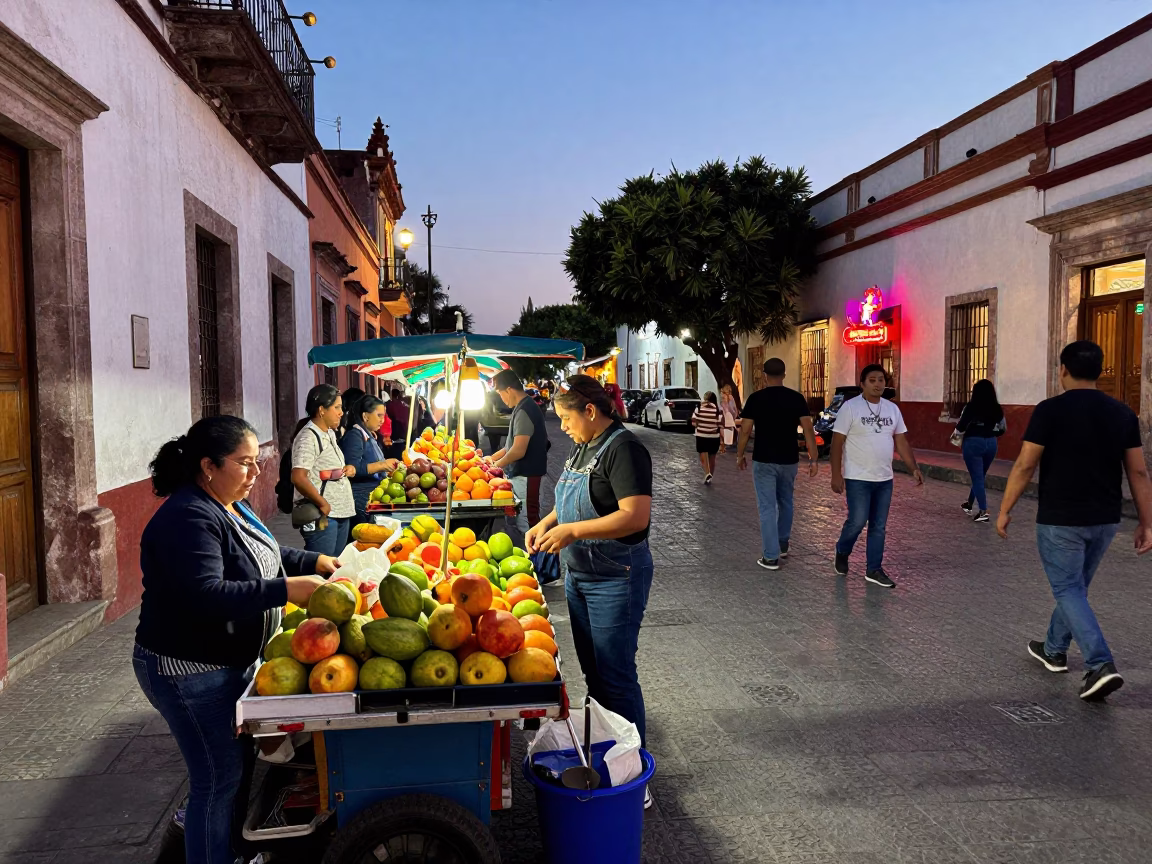 Busy Guadalajara Mexico Twilight Street Scene with Vendors and Neon Lights in in Guadalajara, Mexico