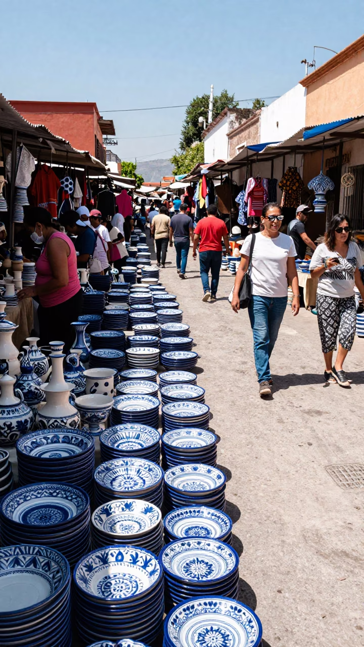 Busy Guadalajara Pottery Market with Stacked Wares in Bright Midmorning Light in in Guadalajara, Mexico