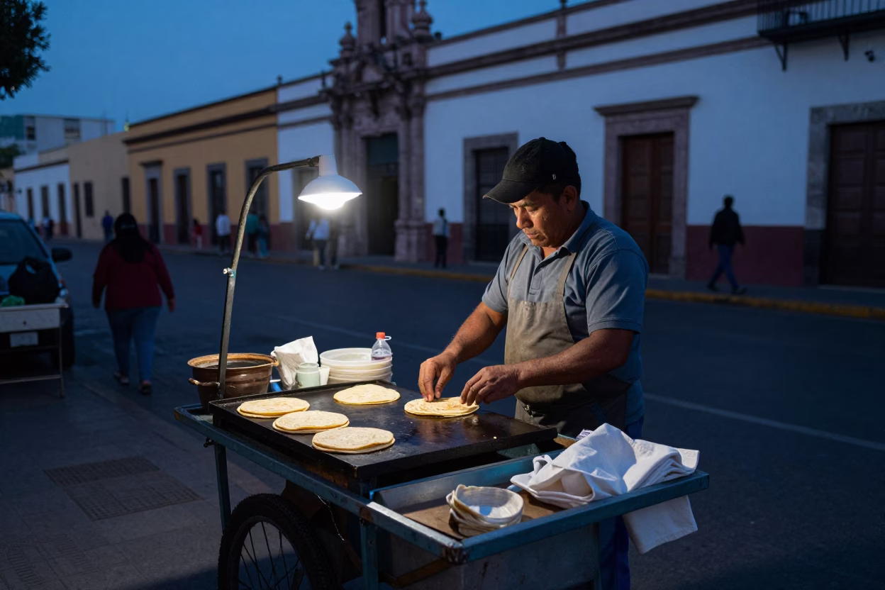 Busy Guadalajara street corner before dawn with vendor and ceramic jar in in Guadalajara, Mexico