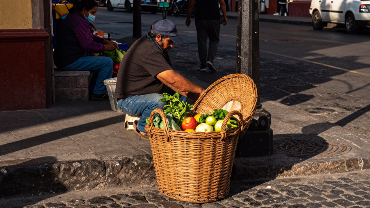 Busy Guadalajara Street Corner Early Afternoon with Wicker Hamper and Local Commerce in in Guadalajara, Mexico