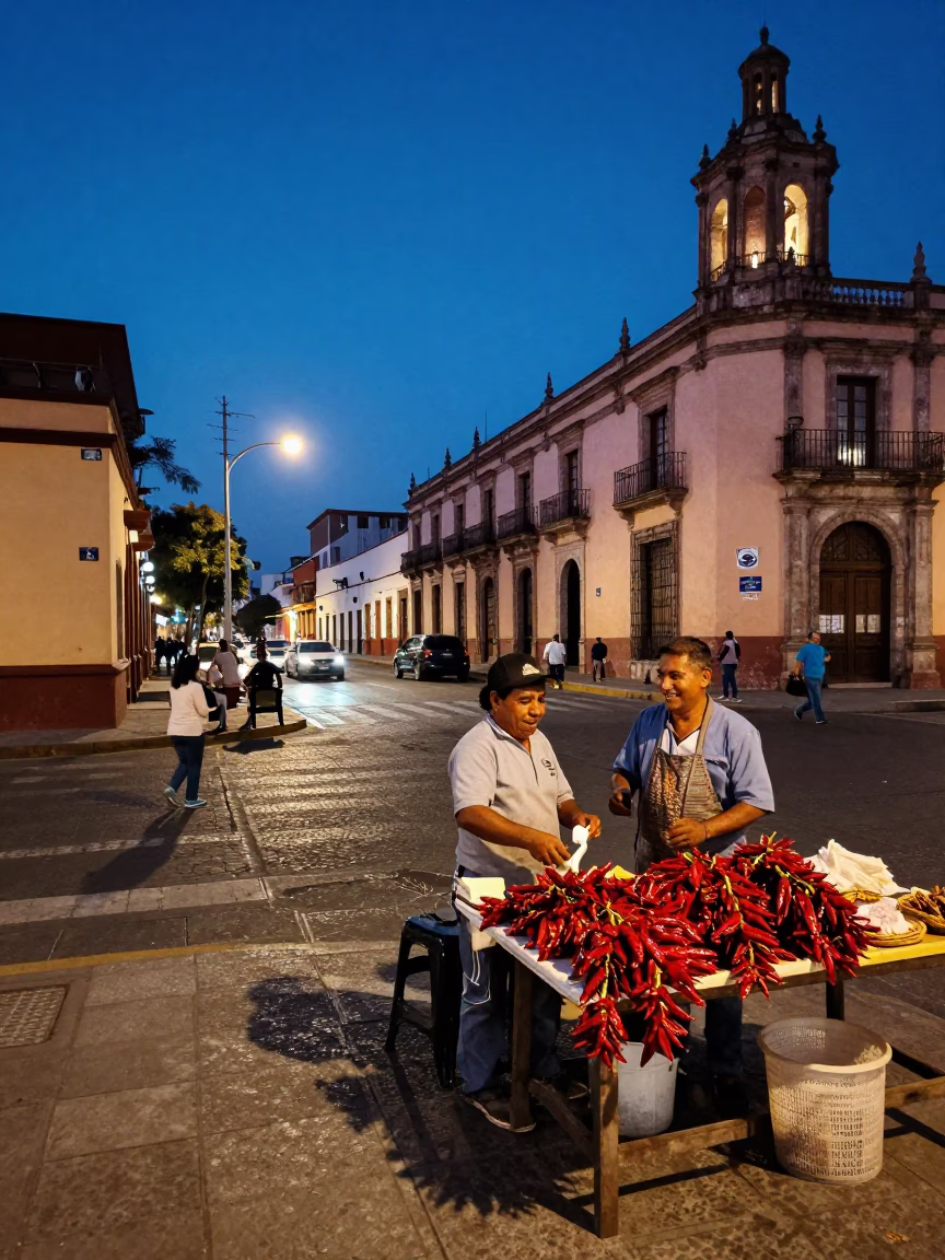 Busy Guadalajara Street Corner in Indigo Twilight with Local Vendors and Pedestrians in in Guadalajara, Mexico