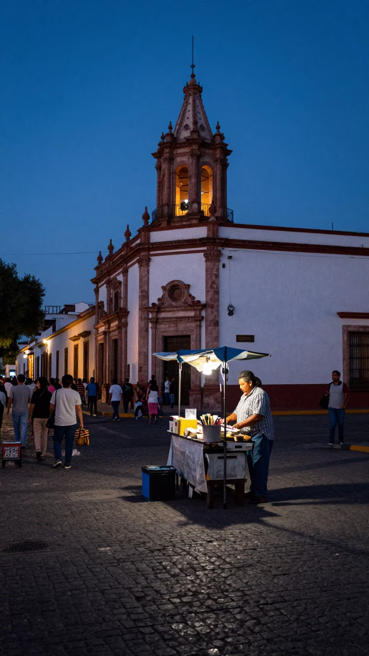 Busy Guadalajara Street Corner Indigo Twilight Scene with Local Vendor and Brooms in in Guadalajara, Mexico