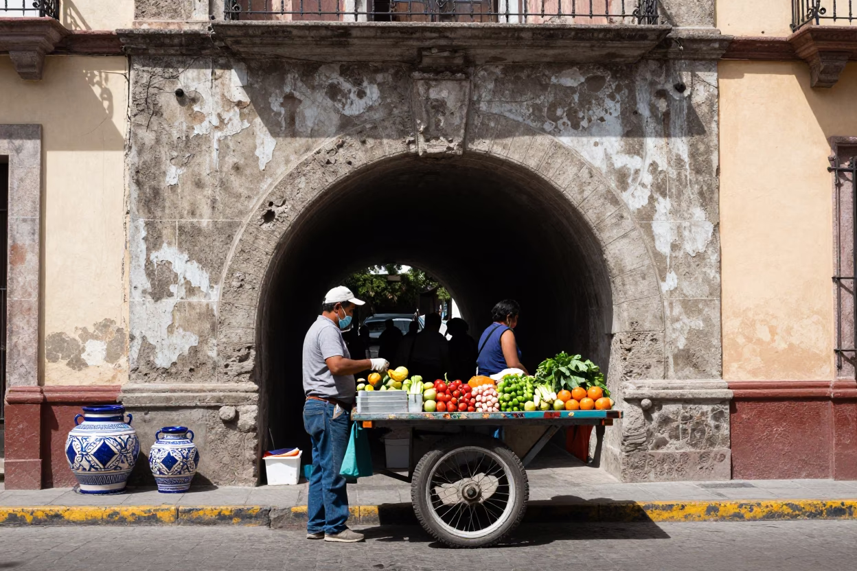 Busy Guadalajara Street Corner with Majolica Pot and Concrete Wall in Midmorning Light in in Guadalajara, Mexico