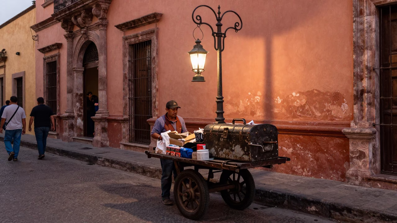 Busy Guadalajara Street Corner with Vintage Lantern and Toolbox in Dusk Light in in Guadalajara, Mexico