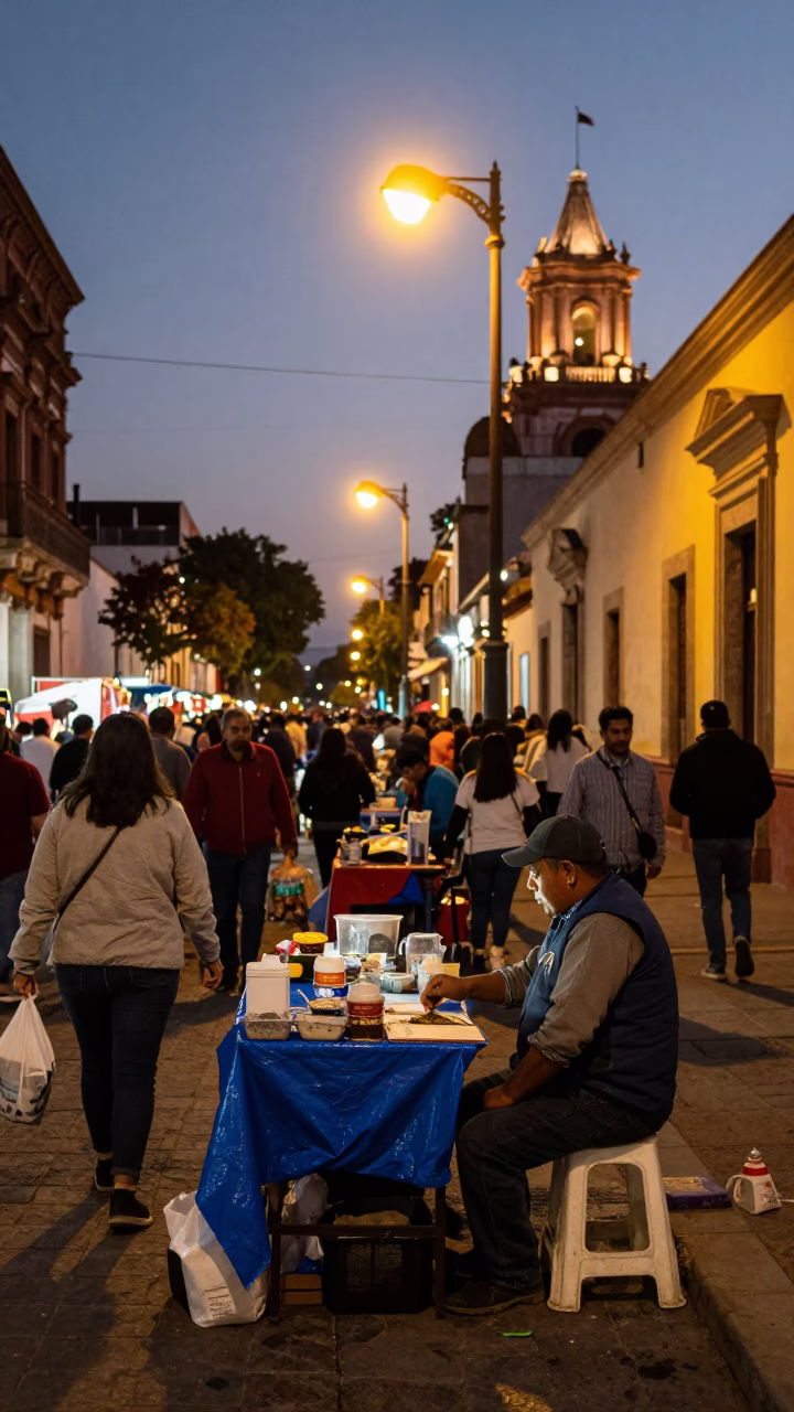 Busy Guadalajara Street Market at Dusk with Vendor and City Lights in in Guadalajara, Mexico