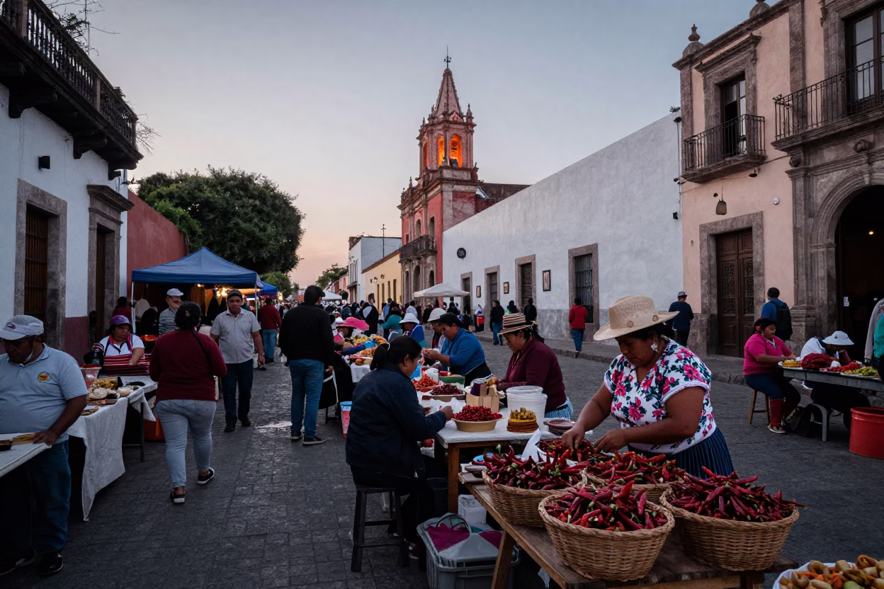 Busy Guadalajara Street Market Scene at Nautical Dawn with Local Vendors and Traditional Goods in in Guadalajara, Mexico