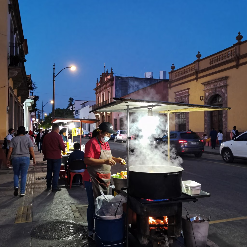 Busy Guadalajara Street Scene at Blue Hour with Food Vendor and Urban Activity in in Guadalajara, Mexico