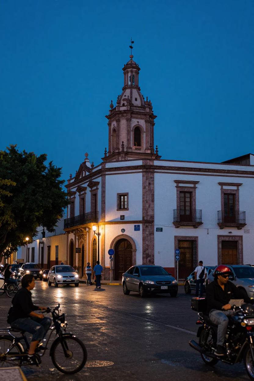 Busy Guadalajara Street Scene at Blue Hour with Linen Fringe and Shallow Water Ripples in in Guadalajara, Mexico
