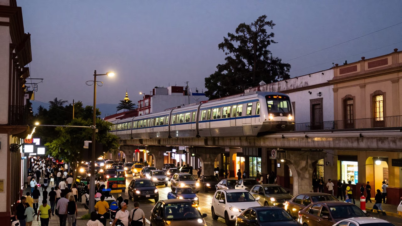Busy Guadalajara Street Scene at Dusk with Monorail and Ceramic Bowls in in Guadalajara, Mexico