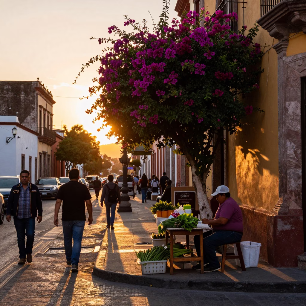 Busy Guadalajara Street Scene at Sunset with Flowering Plant and Jar on Market Stall in in Guadalajara, Mexico