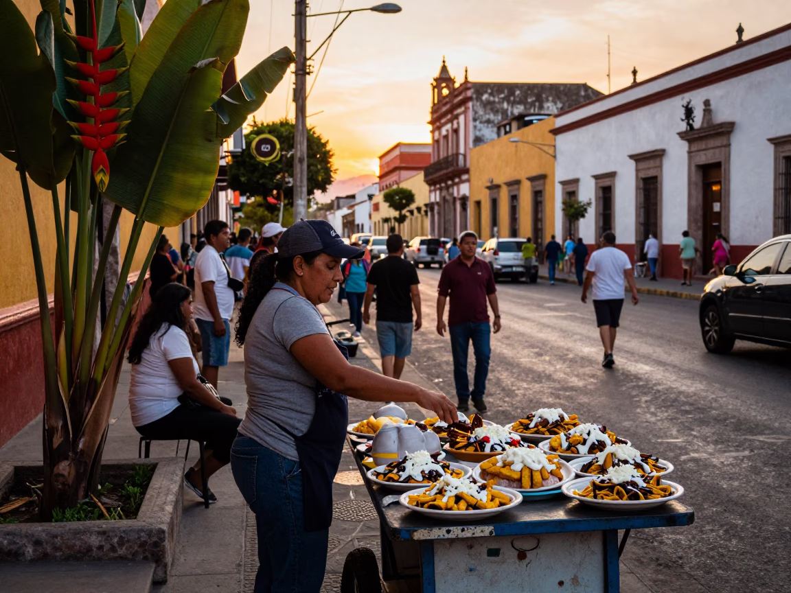 Busy Guadalajara Street Scene at Sunset with Heliconia and Elote Street Food in in Guadalajara, Mexico