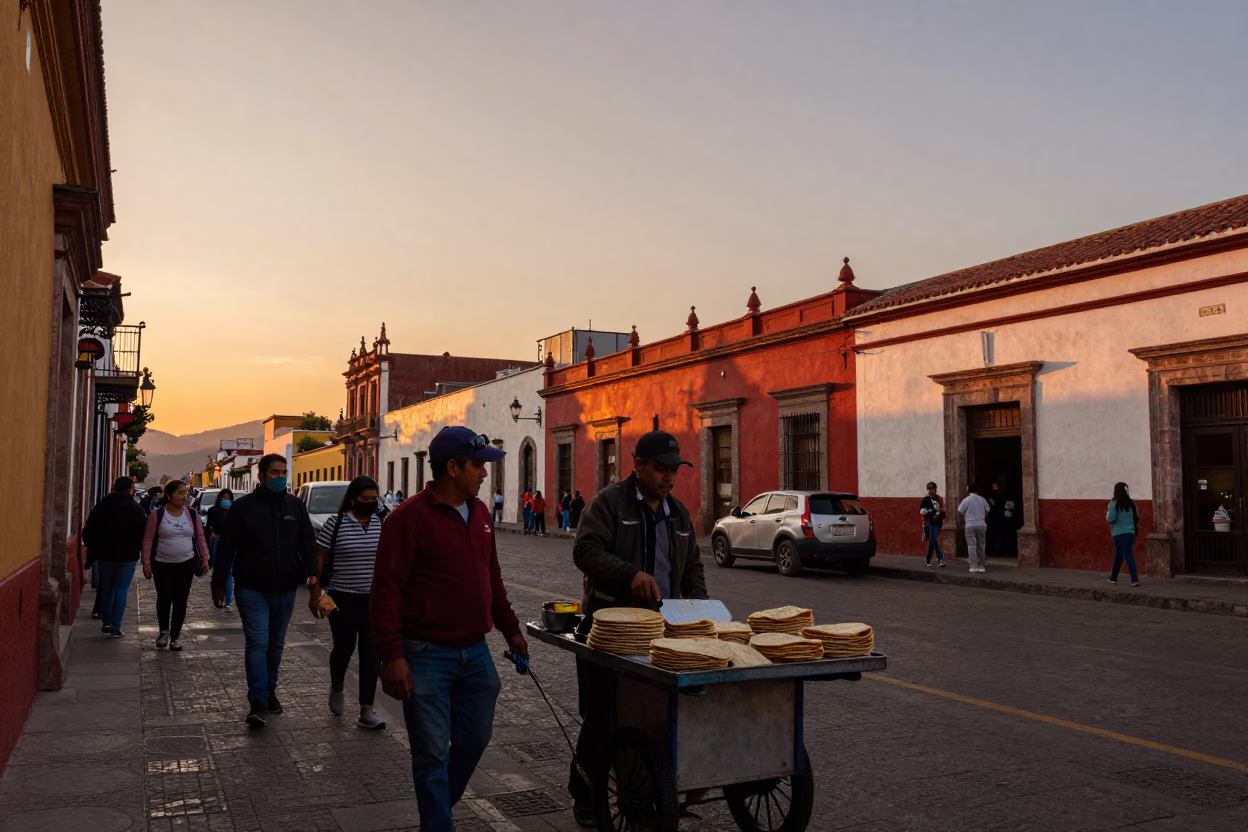 Busy Guadalajara Street Scene at Sunset with Local Food Vendors and Historic Architecture in in Guadalajara, Mexico
