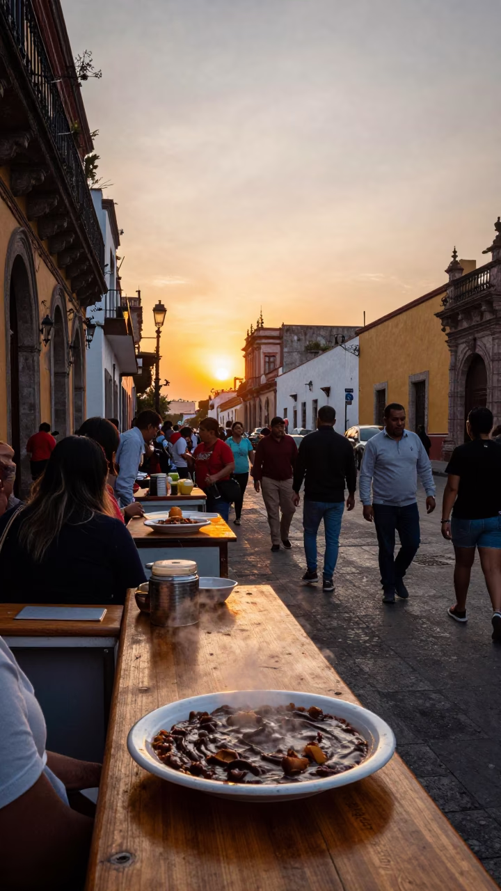 Busy Guadalajara Street Scene at Sunset with Plate of Mole Poblano in in Guadalajara, Mexico