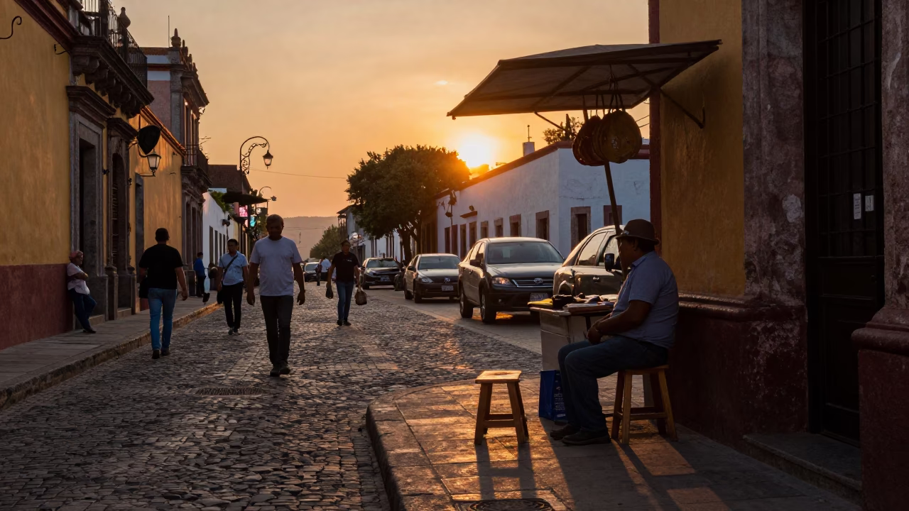 Busy Guadalajara Street Scene at Sunset with Stool and Wall Hook in in Guadalajara, Mexico