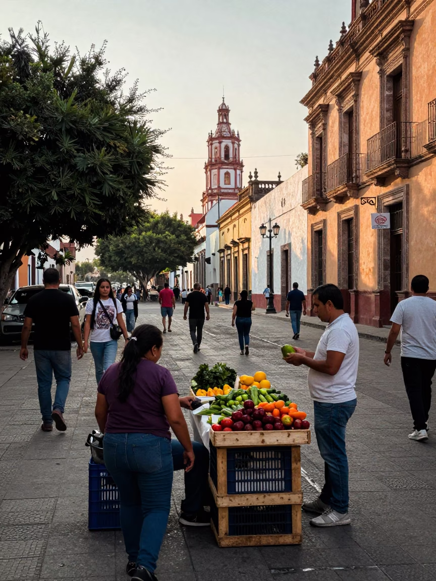 Busy Guadalajara Street Scene Early Afternoon with Crate and Local Vendor in in Guadalajara, Mexico