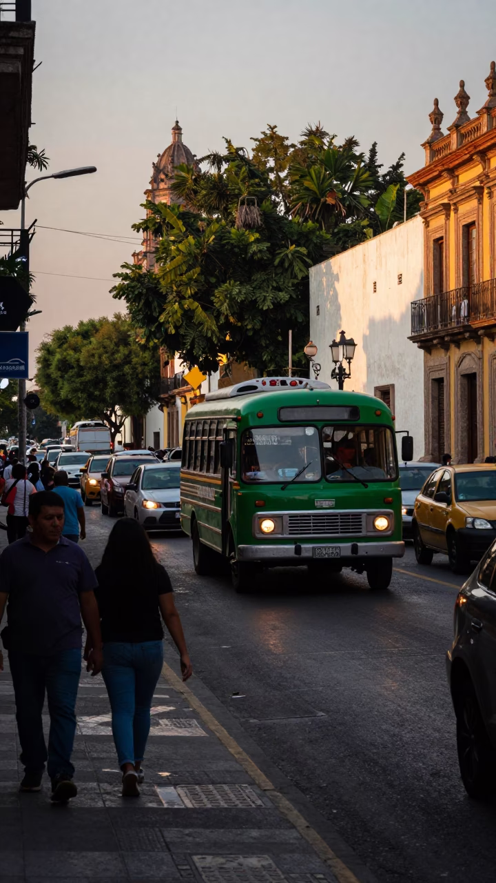 Busy Guadalajara Street Scene Early Evening with Vintage Vehicles and Local Activity in in Guadalajara, Mexico