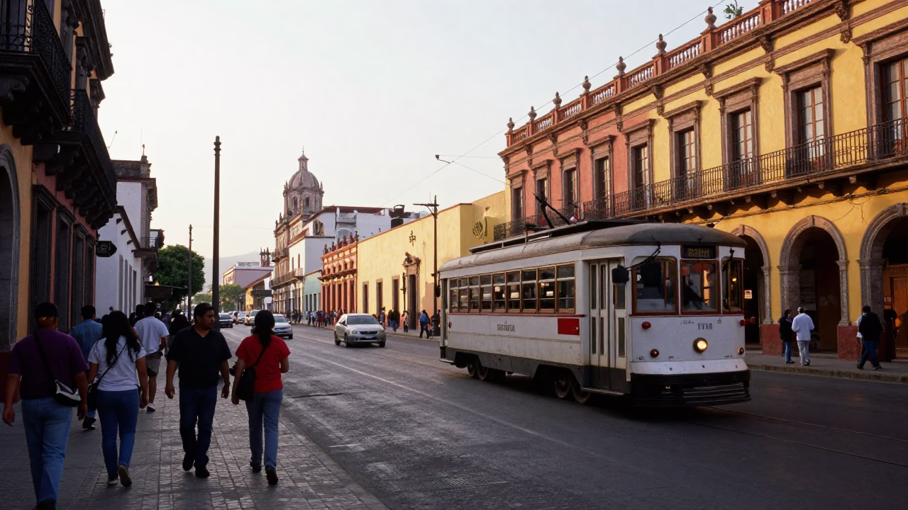 Busy Guadalajara Street Scene Just After Sunrise with Tramcar and Local Commerce in in Guadalajara, Mexico