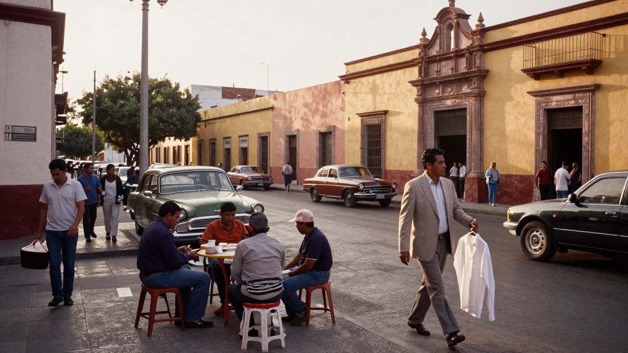 Busy Guadalajara Street Scene Just After Sunrise With Vintage 1960s Atmosphere in in Guadalajara, Mexico