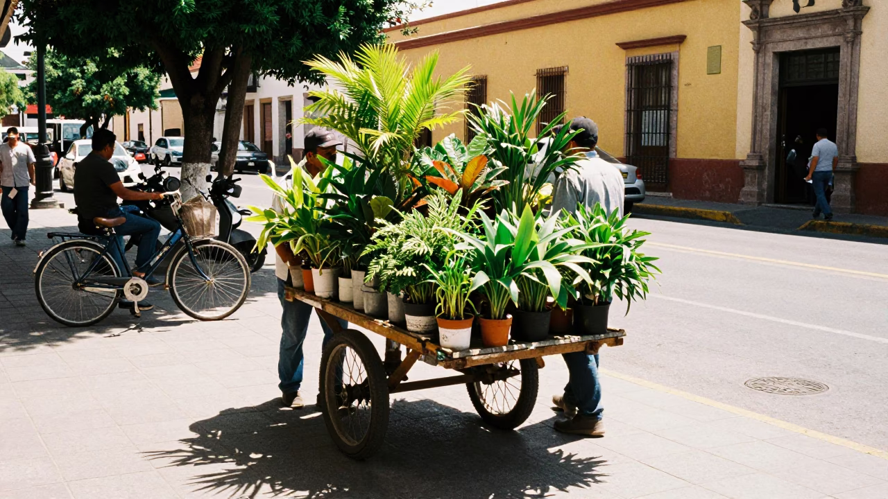 Busy Guadalajara Street Scene Midday with Houseplants and Bicycle Basket in in Guadalajara, Mexico