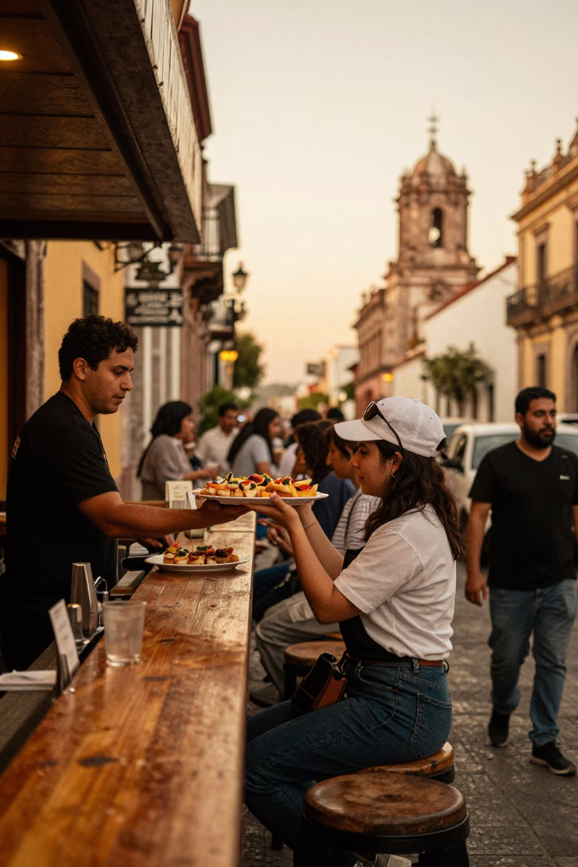 Busy Guadalajara Street Scene with Bar Counter and Pintxos in Honeyed Evening Light in in Guadalajara, Mexico