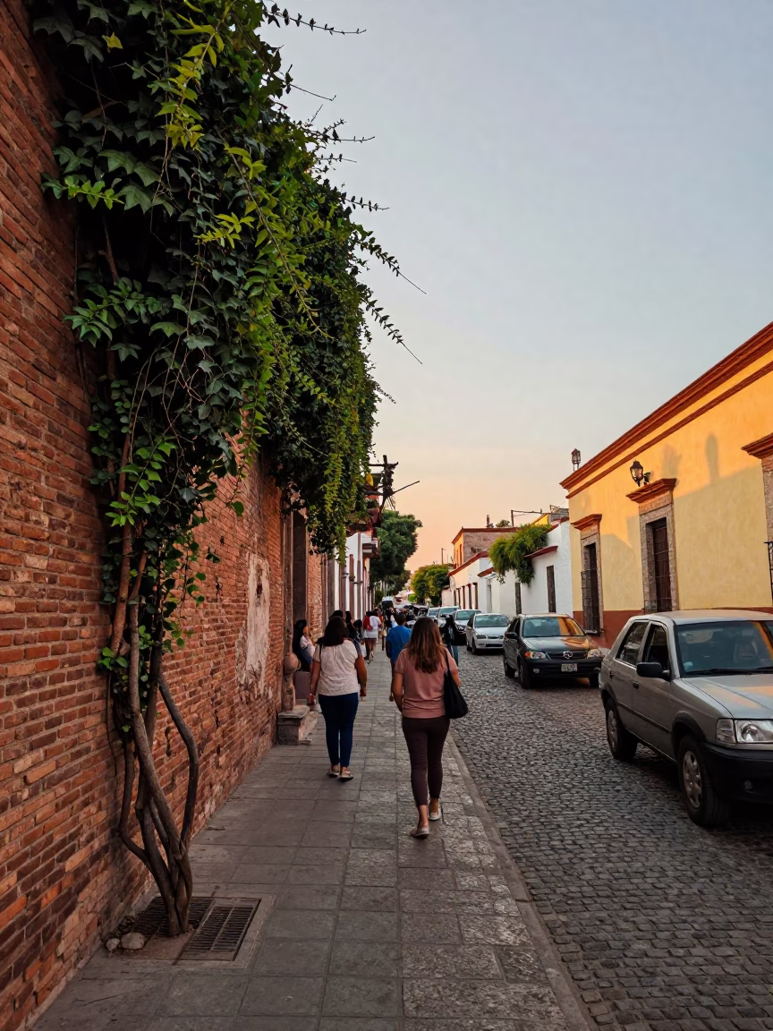 Busy Guadalajara Street Scene with Brick Walls and Evening Light 1950s in in Guadalajara, Mexico