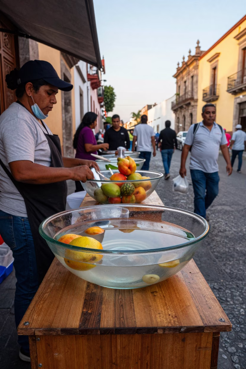 Busy Guadalajara Street Scene with Clear Glass Basin and Stool in Early Evening Light in in Guadalajara, Mexico