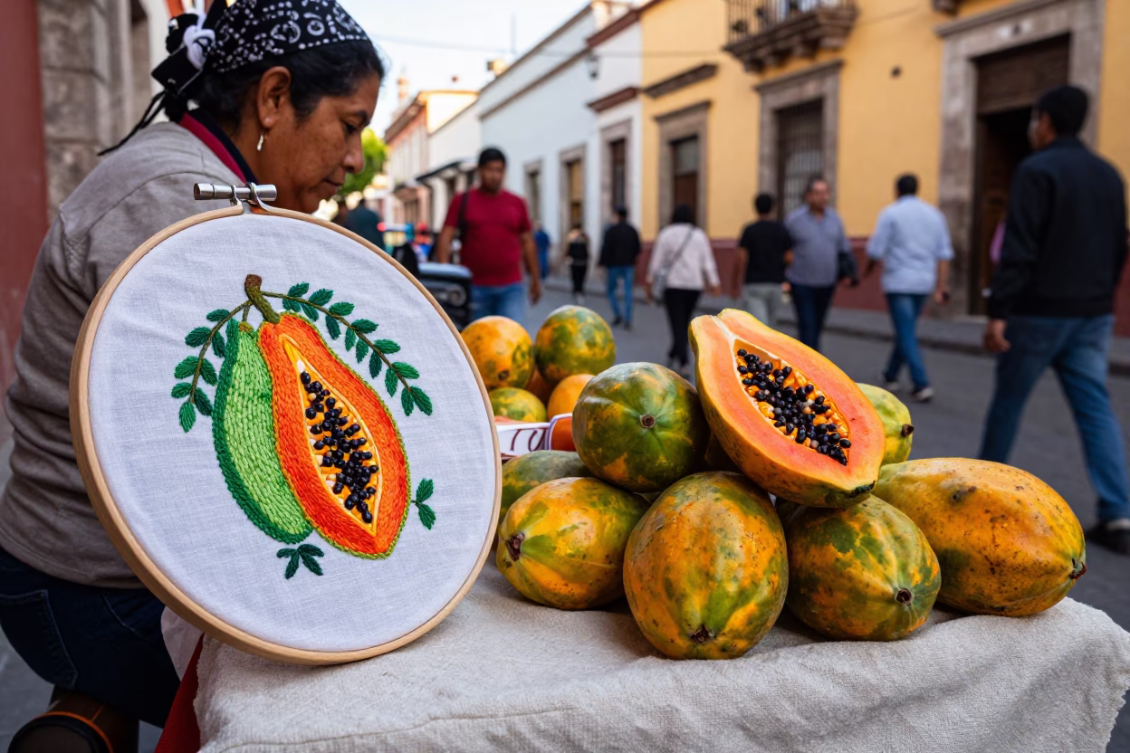 Busy Guadalajara Street Scene with Embroidery Hoop and Papayas in Early Afternoon Light in in Guadalajara, Mexico