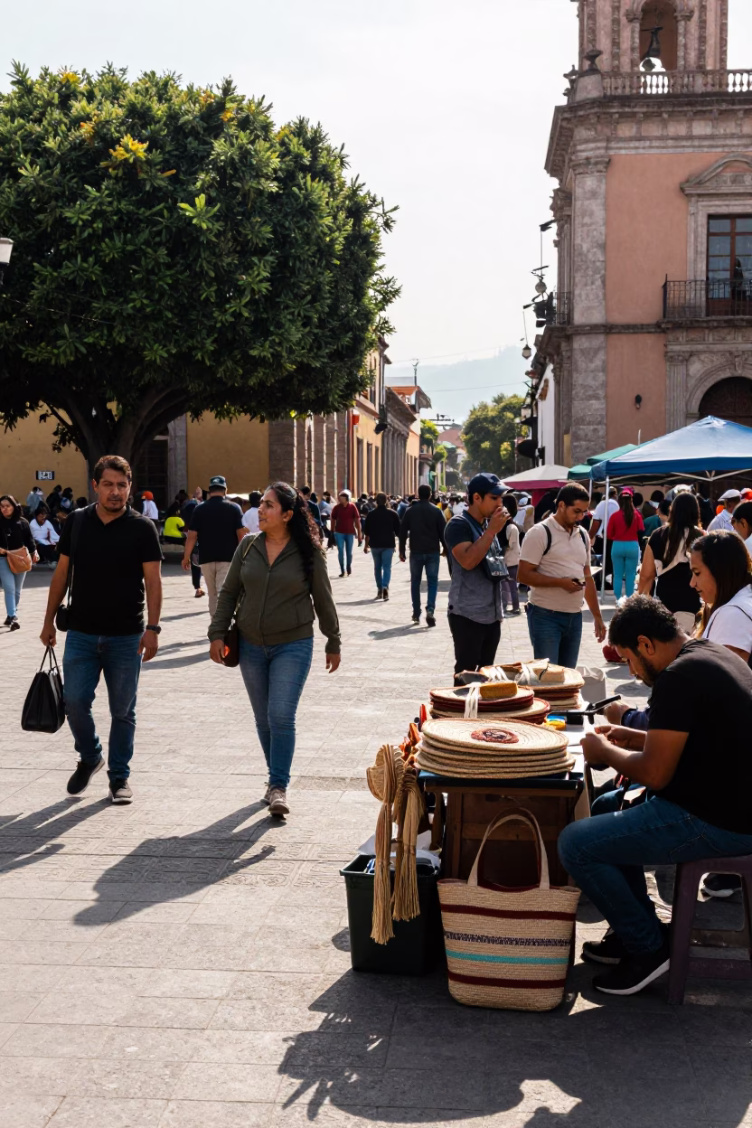 Busy Guadalajara Street Scene with Local Market Activity and Pedestrians in in Guadalajara, Mexico