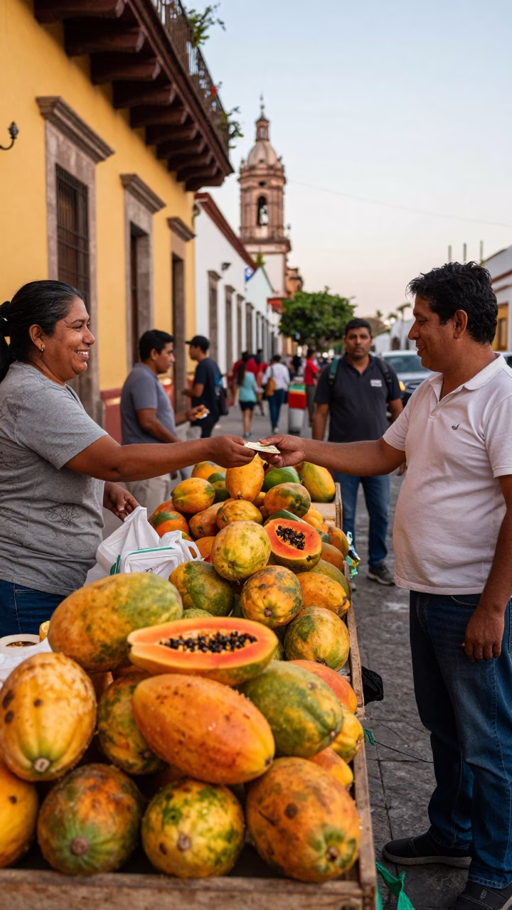 Busy Guadalajara Street Scene with Papayas and Evening Light in Mexico in in Guadalajara, Mexico