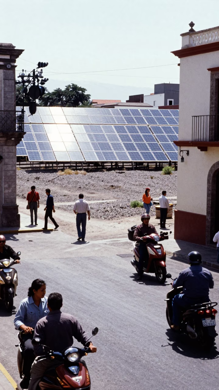 Busy Guadalajara Street Scene with Solar Array and Local Traffic in Bright Midmorning Light in in Guadalajara, Mexico