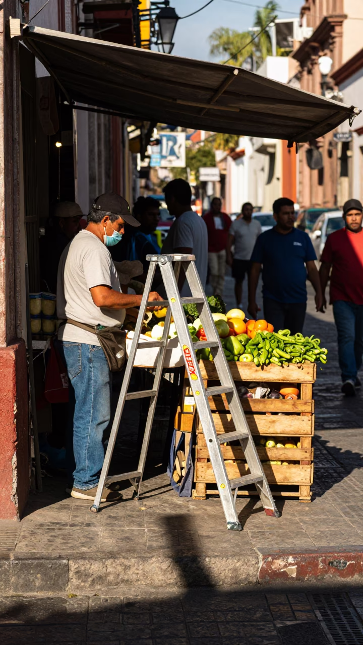 Busy Guadalajara Street Scene with Wicker Shadow and Step Ladder in Early Afternoon Light in in Guadalajara, Mexico