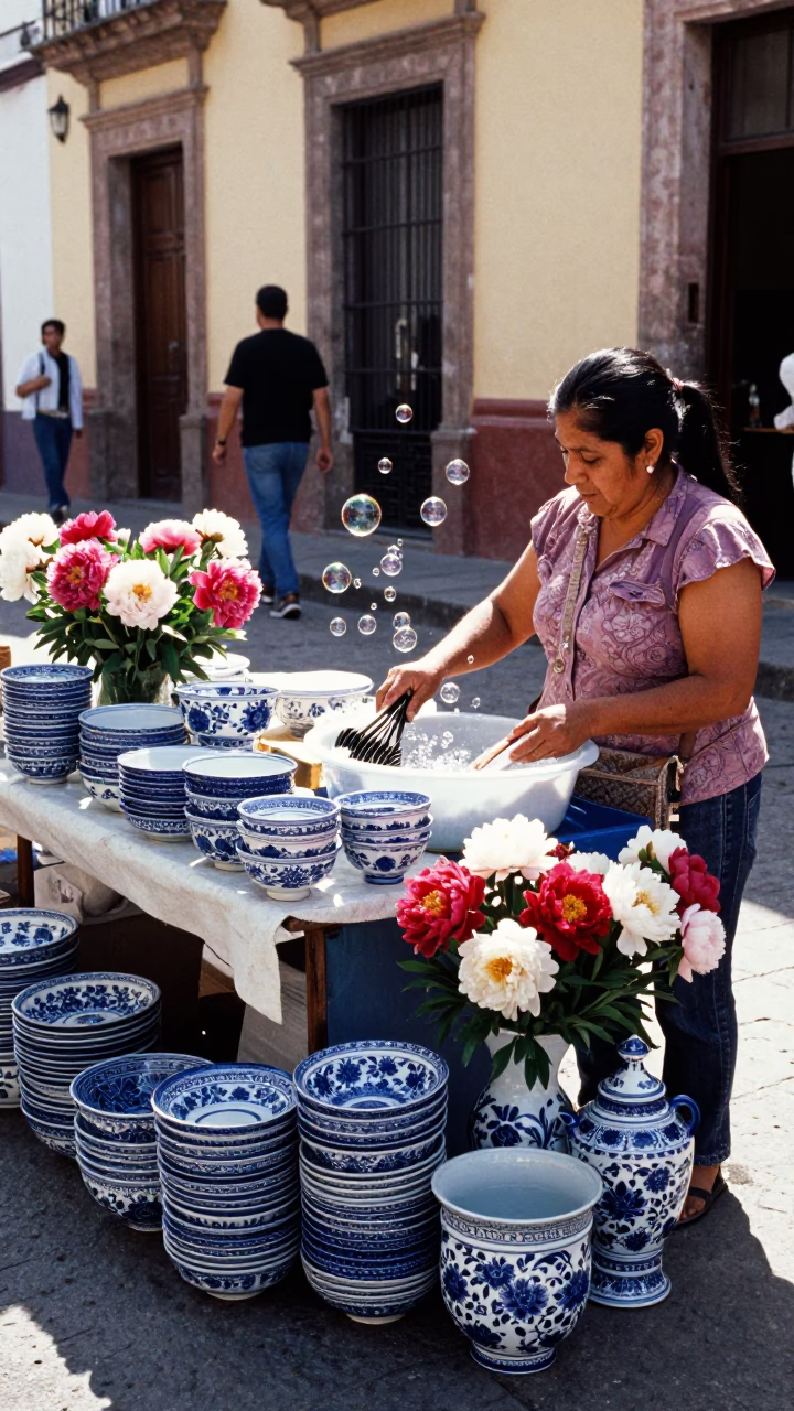 Busy Guadalajara Street Vendor Selling Blue Porcelain and Peonies in in Guadalajara, Mexico