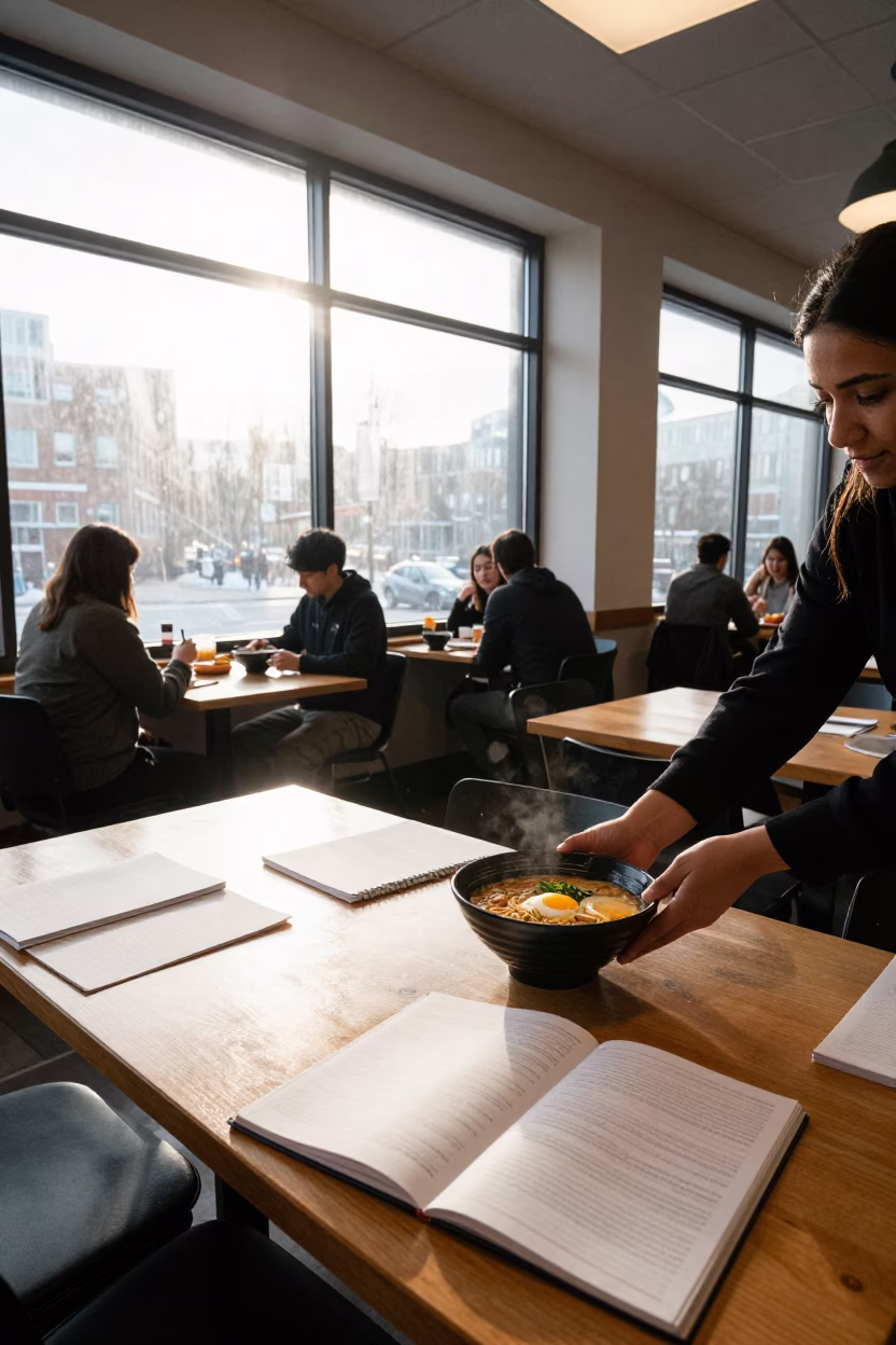 Busy Halifax Breakfast Cafe Interior with Ramen and University Students After Sunrise in in Halifax, Nova Scotia, Canada