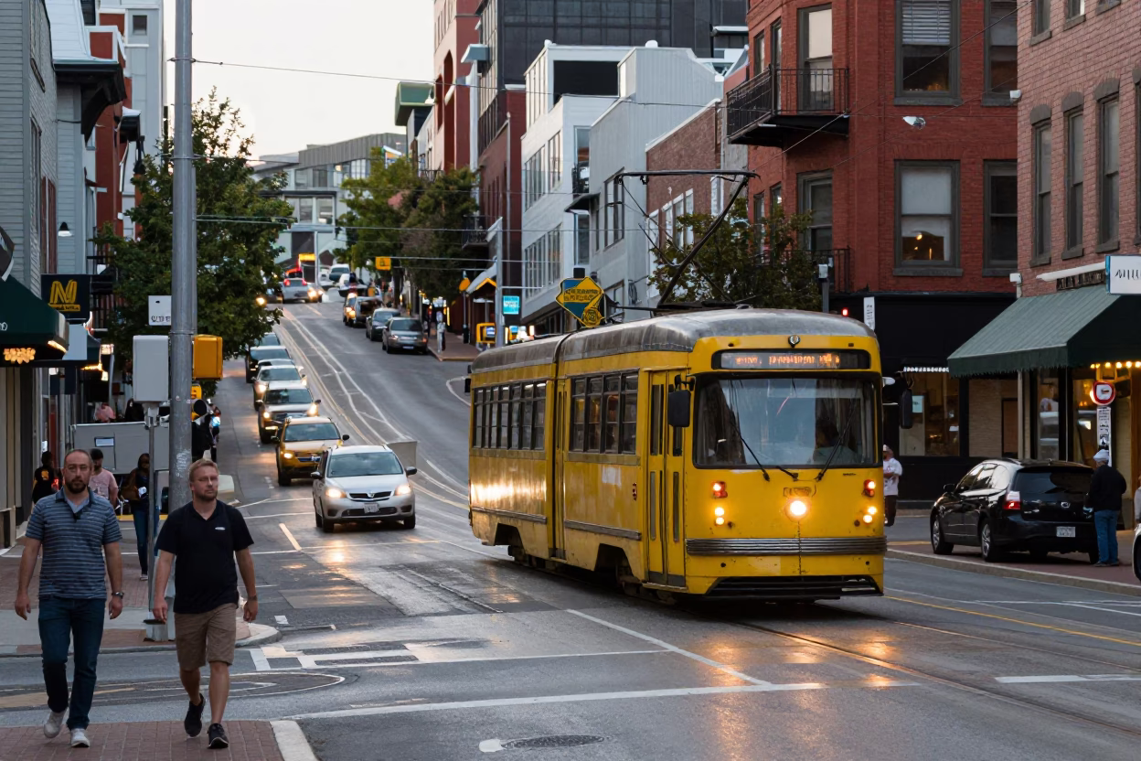 Busy Halifax Downtown Street Scene with Yellow Trams and Pedestrians in Early Evening Light in in Halifax, Nova Scotia, Canada