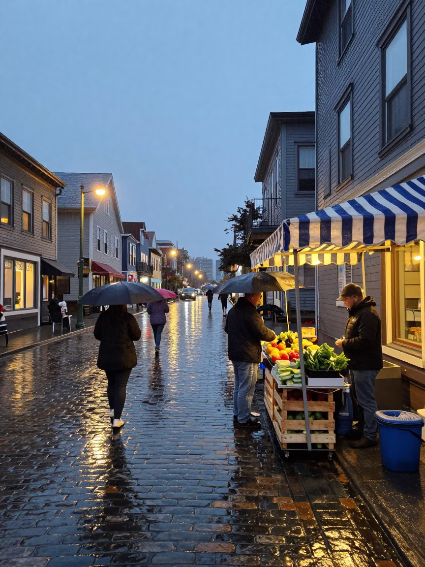 Busy Halifax Dusk Street Scene with Rain and Local Activity in in Halifax, Nova Scotia, Canada