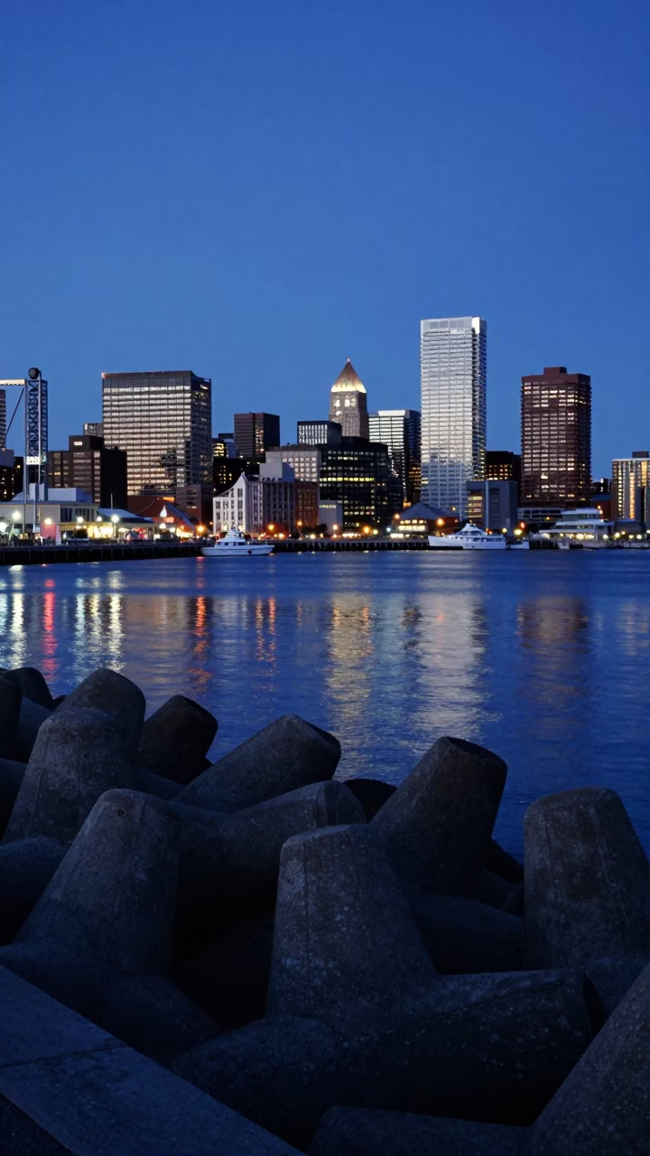Busy Halifax Harbor Blue Hour with Breakwater Tetrapods and City Lights in in Halifax, Nova Scotia, Canada