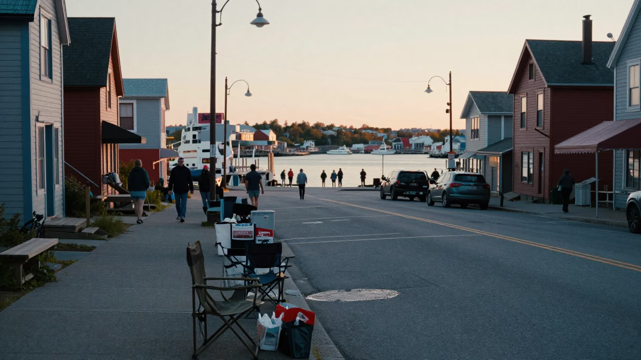 Busy Halifax Harbor Dawn Street Scene with Folding Chair and Steamboat Calliope in in Halifax, Nova Scotia, Canada