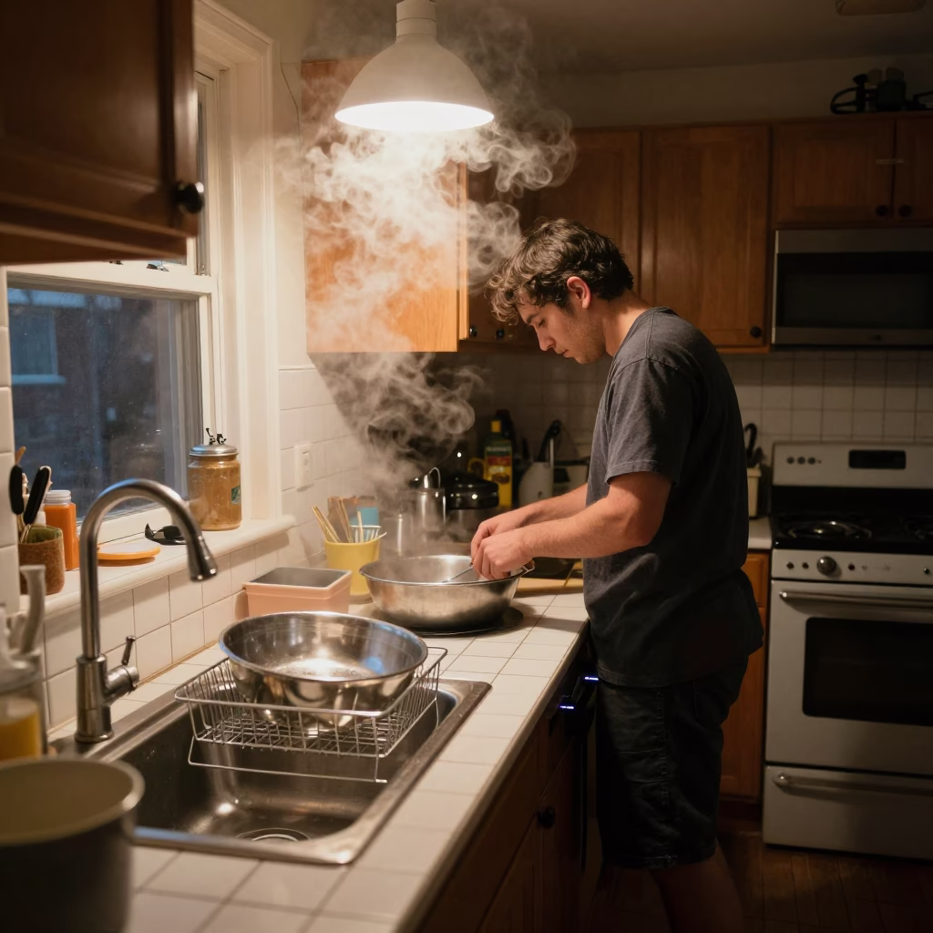 Busy Halifax Kitchen at Night with Dish Rack and Steam Haze Above Tile Grout in in Halifax, Nova Scotia, Canada