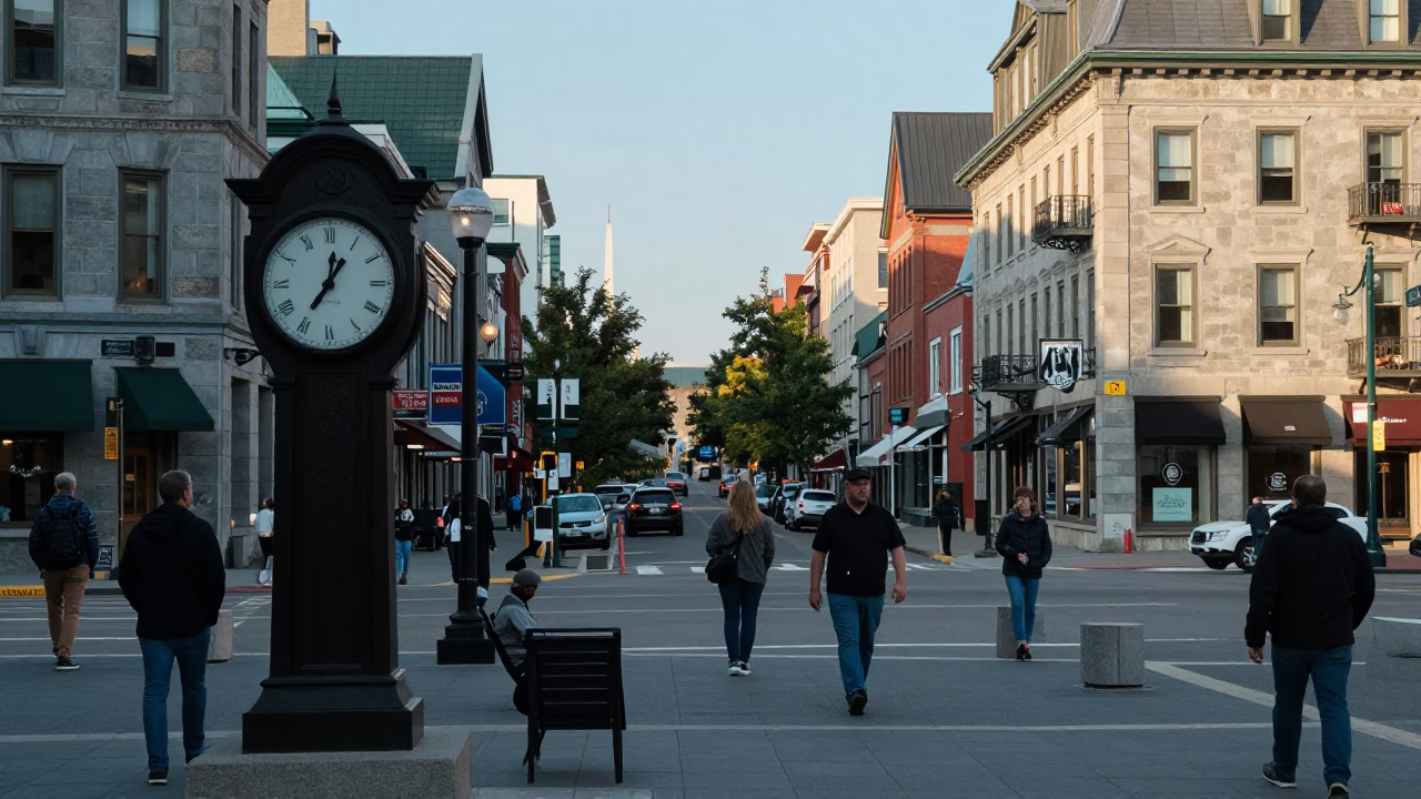 Busy Halifax Nova Scotia Early Afternoon Street Scene with Chess Clock and Local Interaction in in Halifax, Nova Scotia, Canada